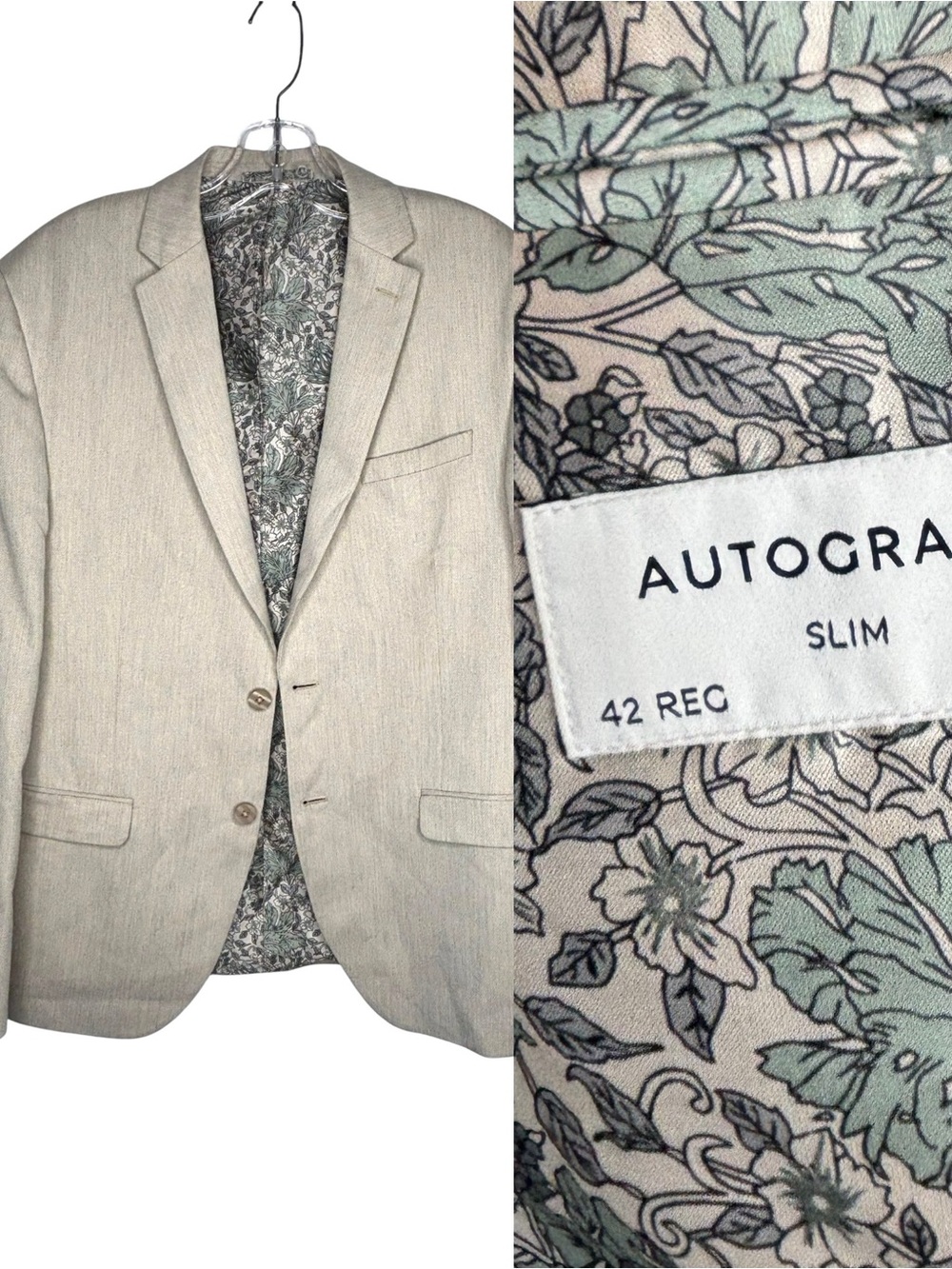 Men's Blazer slim cut 2- button in Light Beige with green Floral Lining 42 reg
